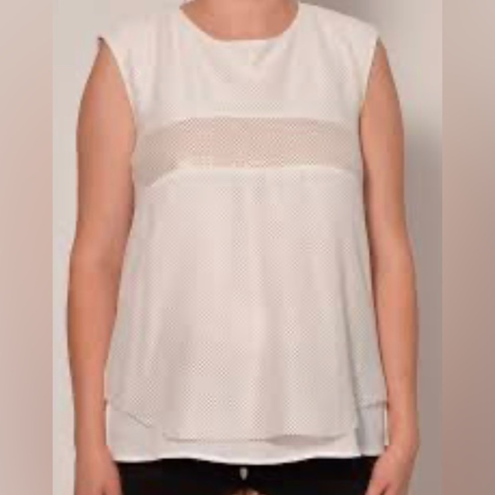 LUISA CERANO Sz 8 Mesh Gold Stripe  Sleeveless Raw Edge Hem Long Line Top